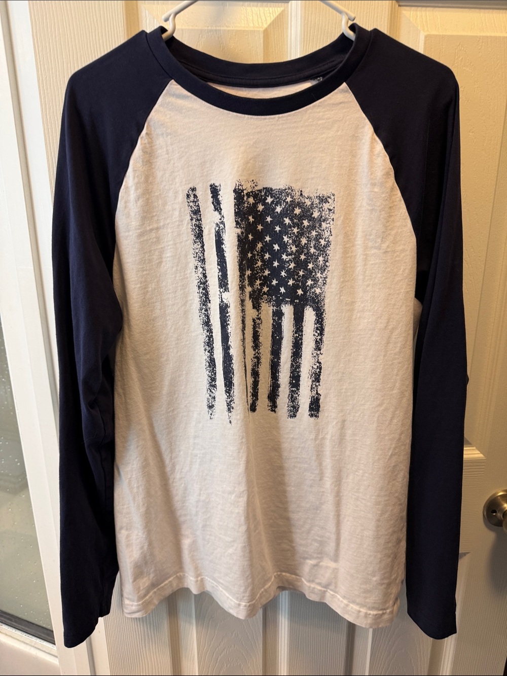 True Craft White and Navy Long Sleeve Raglan Tee with Distressed Flag